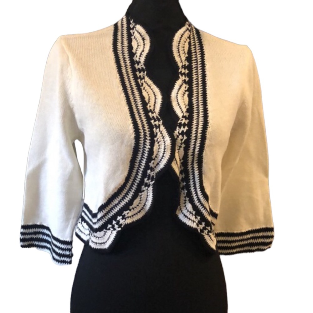 LIZ CLAIBORNE NEW YORK OPEN FRONT SHRUG CARDIGAN SWEATER CREAM BLK SZ XS NWOT
